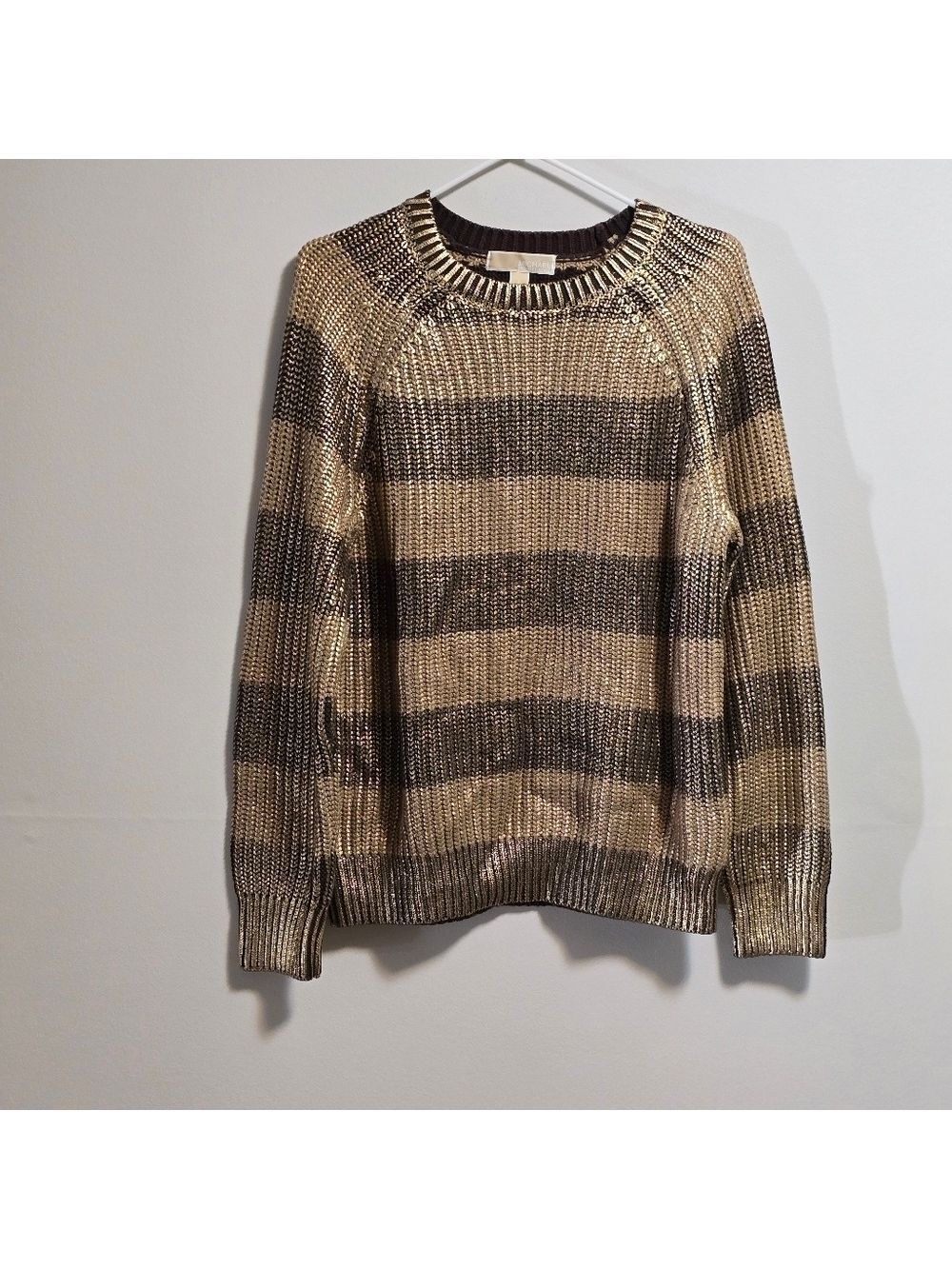 Michael Kors shimmer mettalic stripes knit pullover sweater size large